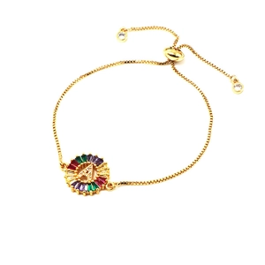Adjustable gold bracelet featuring a round zircon pendant with colorful stones and letter A