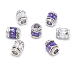 Perles d'Espacement en Cuivre Plaqué Argent Micro Pavé Strass Forme de Barillet Gros Trou Charm Européen pour Fabrication de Bijoux DIY Femme