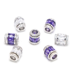 Perles cylindriques en argent 925 serties de zircons violets et transparents brillants