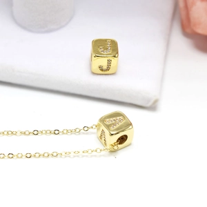 Golden cube necklace with sparkling zircon inlaid English letters J and A pendants