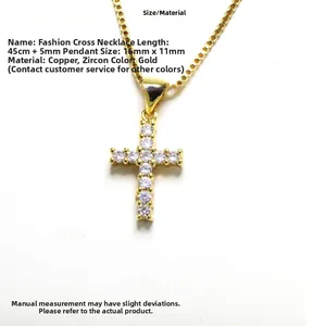 Detailed view of gold cross pendant necklace with zircon inlay and chain measurements