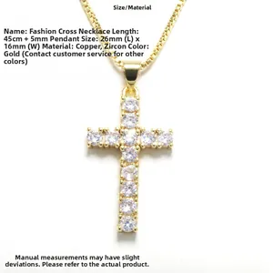 Close-up of gold-plated cross pendant featuring multiple inlaid white zircon stones and dimensions