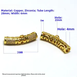 Detail of 28mm gold plated hollow curved tube pendant connectors with micro zircon inlay