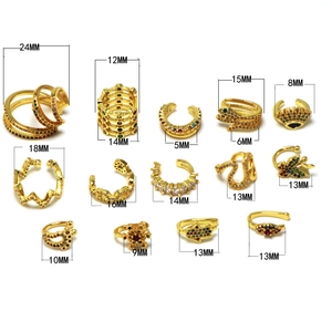 Detailed comparison of various gold ear cuffs featuring colorful zircon stones and sizes
