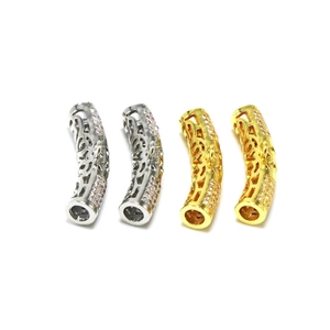 Exquisite hollow curved tube bead connectors in gold and silver with sparkling zircon accents