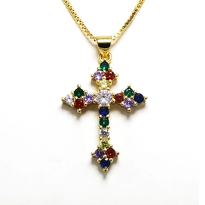 Fashionable gold cross pendant necklace with colorful cubic zirconia and box chain
