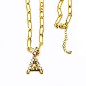 Gold paperclip chain necklace with a sparkling pavé crystal letter A initial pendant
