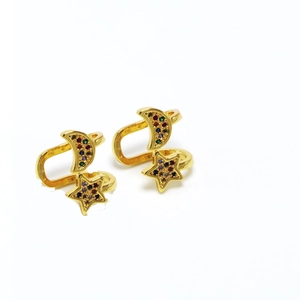 Elegant gold celestial moon and star ear cuffs with colorful zircon stone inlay design