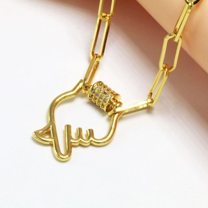 Gold paperclip chain necklace with hollow palm pendant and rhinestones on screw clasp
