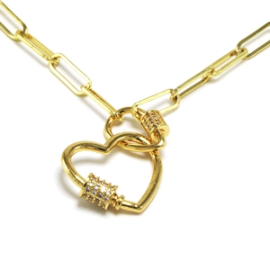Gold-plated paperclip chain necklace featuring a heart padlock pendant with micro-inlaid stones