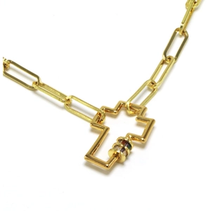 Gold paperclip chain necklace featuring a hollow cross pendant with colorful gemstones