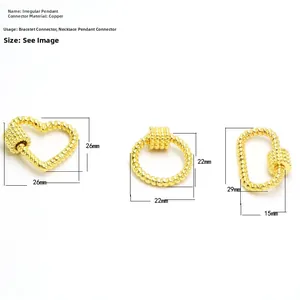Detailed view of brass gold-plated screw clasps in heart, circle and oval shapes