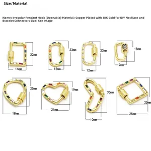 Size chart for zircon heart and geometric 18K gold plated necklace connectors