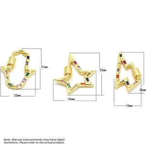 Detailed view of gold plated heart screw clasps with multicolored zircon inlay for DIY jewelry