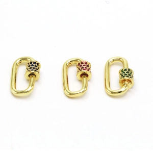 Three gold heart-shaped screw clasp connectors with colorful zircon inlay for DIY jewelry
