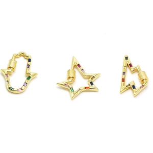 Gold Hamsa, star, and lightning charms with rainbow zircon screw locks for DIY jewelry