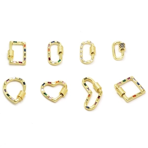 Golden screw lock jewelry clasps set with colorful baguette zircons in various shapes