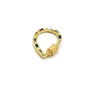 Macro view of gold-plated heart screw clasp with colorful baguette-cut rainbow zircons