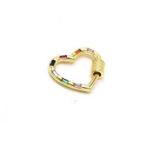 Macro detail of heart screw clasp with colorful zircon stones for DIY jewelry making
