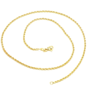 Close-up of golden rope chain with a lobster clasp closure on a white background