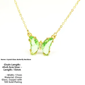 Detailed specs of green crystal glass butterfly necklace with gold plated chain dimensions