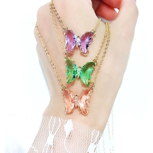 Korean Fashion Dreamy Transparent Colorful Crystal Glass Butterfly Pendant Necklace Elegant Copper Gold Plated Rhinestone Clavicle Chain Jewelry For Women