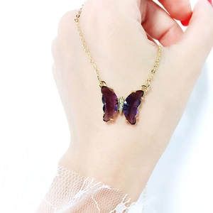 Elegant purple crystal butterfly necklace with gold-plated chain for women