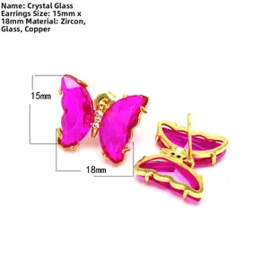 Detail view of pink crystal butterfly stud earrings showing 18mm by 15mm dimensions