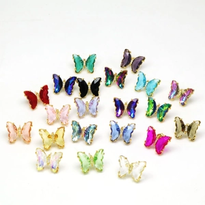 Colorful crystal butterfly stud earrings set with golden finish and zircon accents