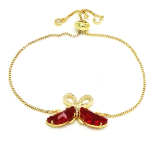 Verstellbares goldfarbenes Armband mit rotem Kristall und Zirkonia-Schmetterlingsanhänger