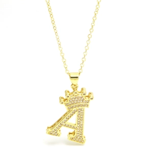 Golden crown initial A pendant necklace with sparkling cubic zirconia on a white background