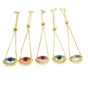 Cinco pulseras ojo turco doradas con pestañas de cristal de colores y cierre ajustable