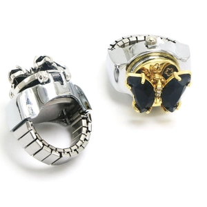 Bague montre papillon tendance avec pierre noire et bracelet élastique argenté