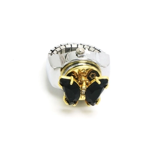 Vintage Fingeruhr in Gold mit schwarzer Schmetterlingsklappe und Silberarmband