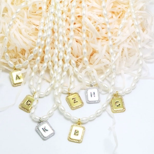 Vintage Alphabet Pendant Artificial Pearl Necklace 18K Gold Plated Copper Colorful Zirconia Square Letter Initial Choker Jewelry For Women