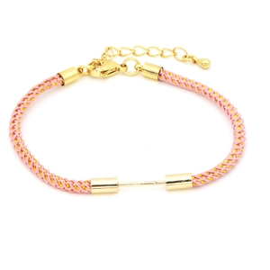 Pink and gold woven cord bracelet with adjustable lobster clasp and metal chain