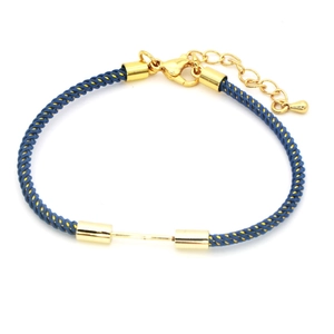 Detail of navy blue braided cord bracelet with adjustable gold lobster clasp and chain