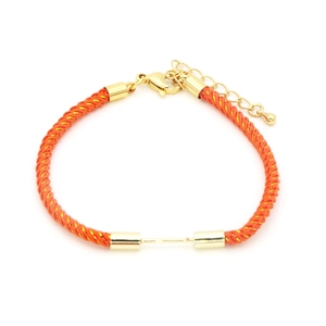 Close-up of orange braided cord bracelet with adjustable gold lobster clasp and metal bar