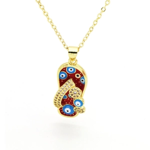 Gold chain necklace with red enamel flip flop pendant and blue evil eye charms