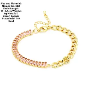 Dettaglio di catena a maglie cubane placcata oro 18k e bracciale tennis con zirconi rosa