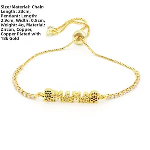 Dettaglio del bracciale MAMA placcato oro 18k con zirconi e specifiche tecniche