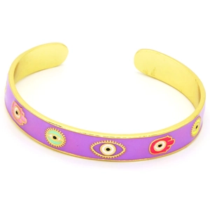Detail of purple enamel Hamsa hand and evil eye charm on a gold-plated open cuff bracelet