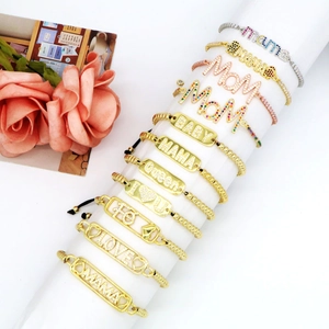 Bracciale Alfabeto in Rame con Strass da Donna Placcato Oro MAMA MOM LOVE BABY Gioielli Regolabili Regalo Festa della Mamma