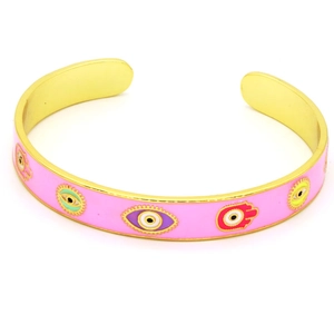 Detail of pink enamel C-shaped bangle with colorful evil eye and Hamsa Hand charms