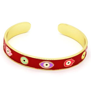 Gold-plated C-shaped evil eye and hamsa hand open bangle with red enamel finish
