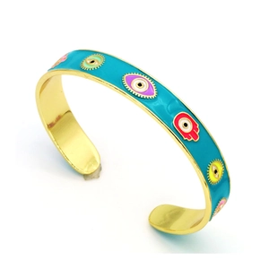 Golden open bangle with blue enamel finish featuring colorful evil eye and Hamsa patterns