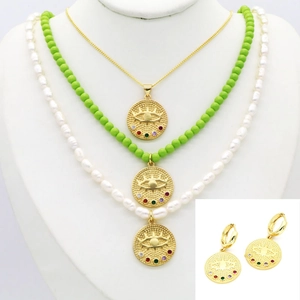 Ensemble Collier et Boucles d'Oreilles Pendentif Pièce Mauvais Œil Plaqué Or 18K Vintage Perle d'Eau Douce Perles Vertes Bijoux Femme