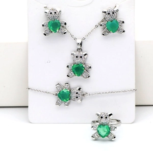 Parure de bijoux ours en argent avec pierres cœur vertes pour femmes, ensemble complet