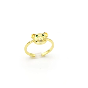 Bague tête d'ours dorée avec yeux verts et design ouvert ajustable pour femmes