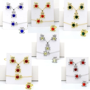Collier Pendentif Ours Cœur Bracelet Boucles d'Oreilles Bague Ouverte Femme Cuivre Plaqué Or 18K Zirconia Strass Bijoux de Mode Cadeau
